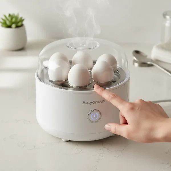 Hand pressing the one-touch button on Alcyoneus Rapid Egg Cooker, showing its simple operation.