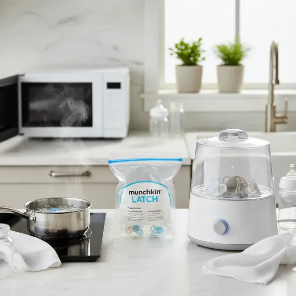 A collection of common baby pacifier sterilization methods including boiling, steam, and dedicated sterilizers