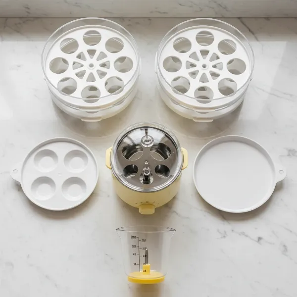 Detailed view of Bear Electric Egg Cooker accessories: trays, measuring cup, and piercing pin.