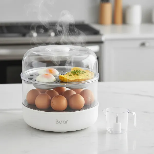 Bear Electric Egg Cooker with 14 eggs, showing versatility for boiling, poaching, and omelets.