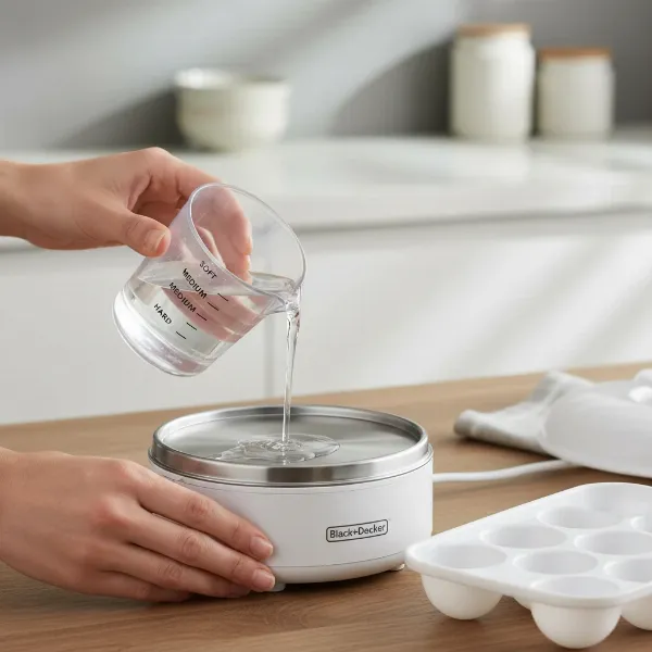Person using Black+Decker egg cooker, adding water with measuring cup.