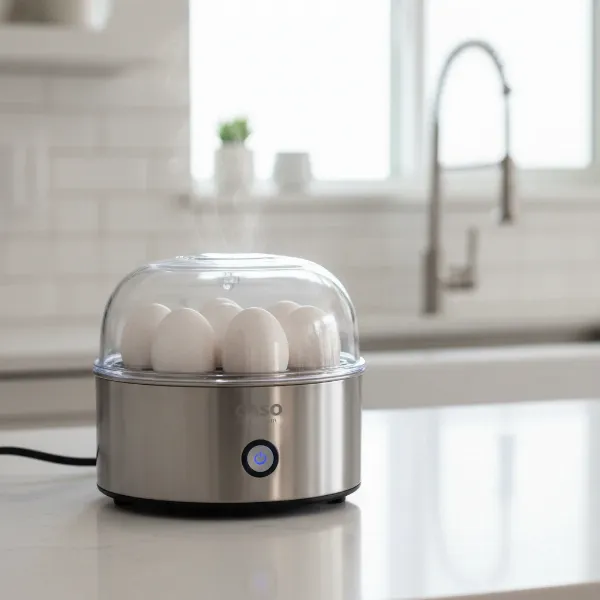 Caso Design E9 stainless steel egg cooker on a modern kitchen counter, ready for use.