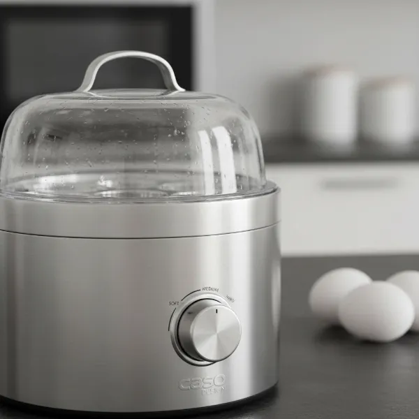 Close-up of Caso E9 egg cooker highlighting its stainless steel exterior and transparent lid.