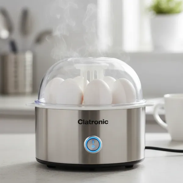 Clatronic EK 3321 egg cooker with stainless steel housing and seven eggs being cooked.