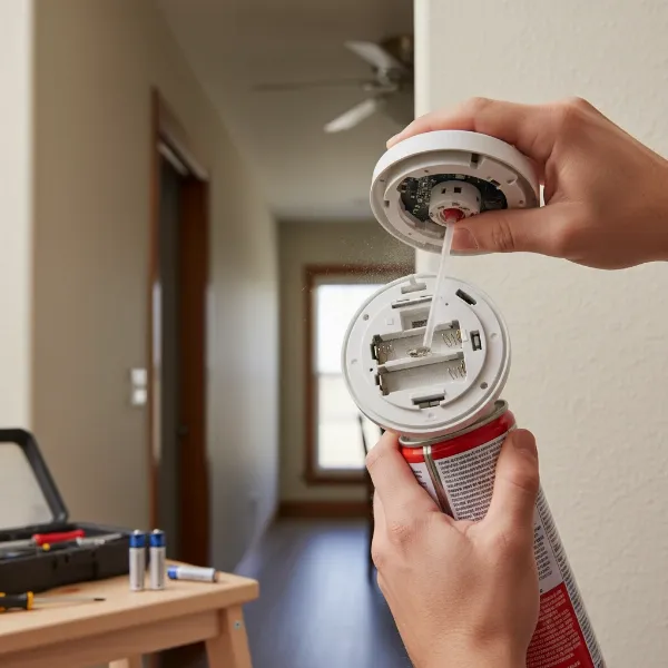 Person cleaning a smoke detector, checking batteries, troubleshooting a chirping alarm.