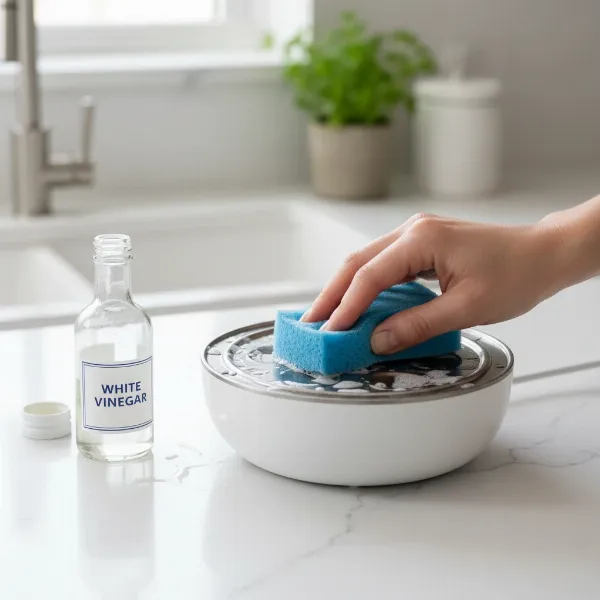 Hand cleaning an electric egg cooker's heating plate with white vinegar and a sponge to remove mineral deposits.