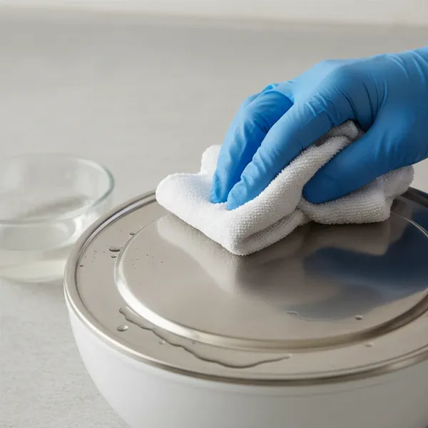 Hand wiping an egg cooker heating plate with a cloth after applying vinegar solution.