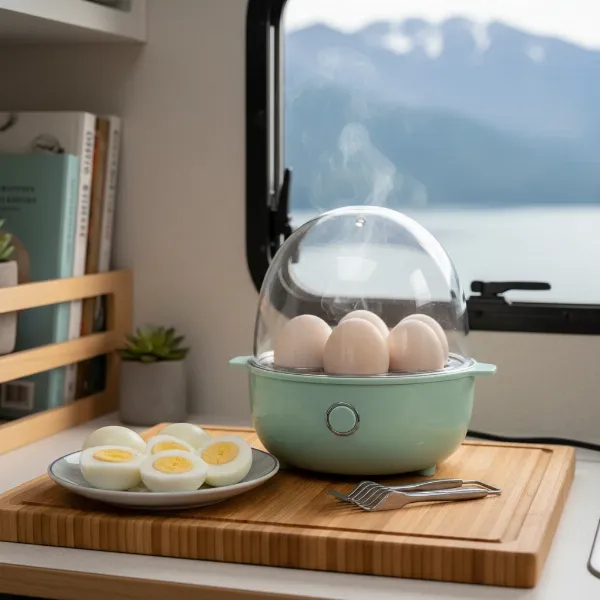 A compact egg cooker on a small kitchen counter, surrounded by perfectly cooked eggs.