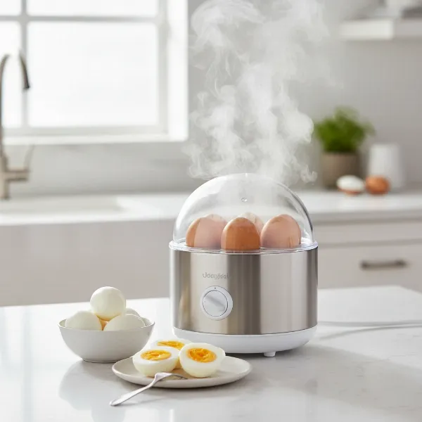 A compact egg cooker steaming eggs on a modern kitchen counter with perfect results.