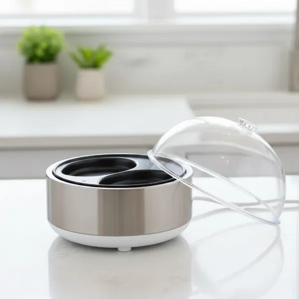 A multi-function egg cooker with its small omelet tray insert, ready for frittata preparation.