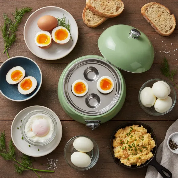 Assortment of perfectly cooked eggs: soft, medium, hard-boiled, poached, and scrambled.