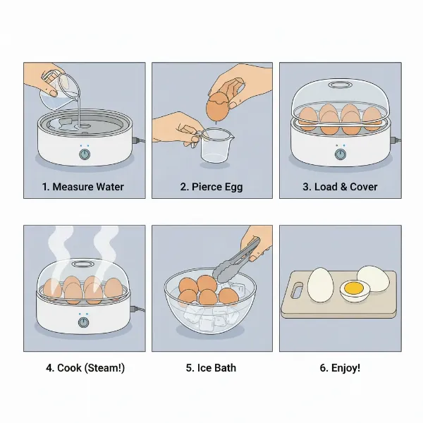 Step-by-step images showing how to use a compact egg cooker, from water to finished eggs.