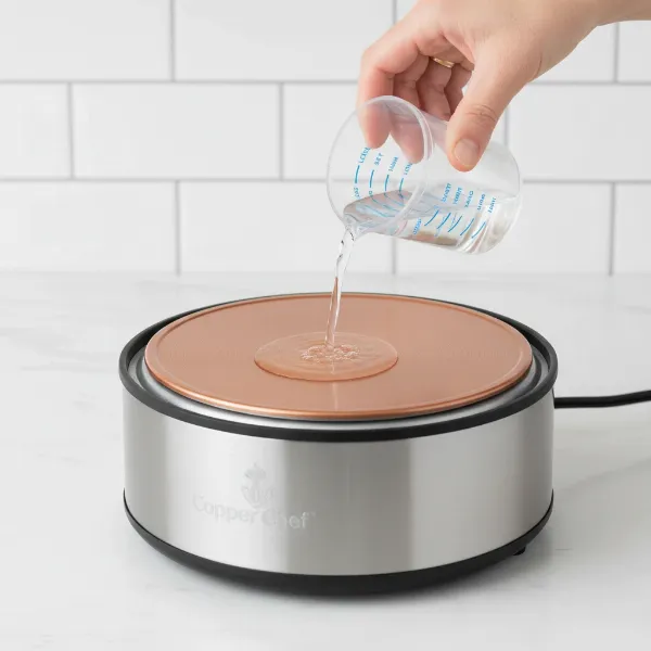 Hands assembling the Copper Chef Electric Egg Cooker, adding water and placing eggs