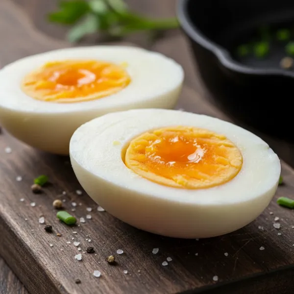 Close-up of a perfectly cooked steamed egg cut in half, revealing a creamy, vibrant yellow yolk.