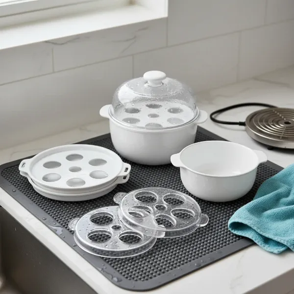 Dishwasher-safe components of Dash Deluxe Rapid Egg Cooker arranged for easy cleaning