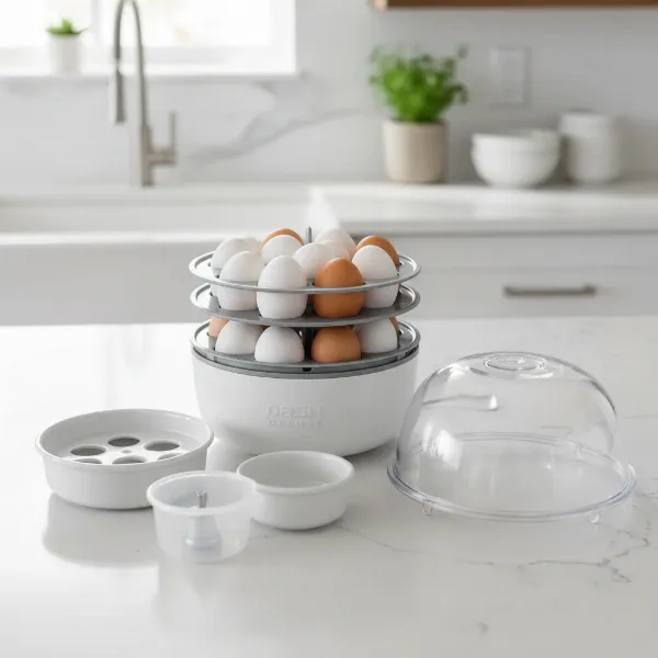 Dash Deluxe Rapid Egg Cooker with eggs and accessories, showcasing its double capacity and versatility