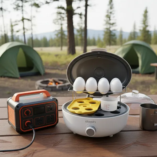 The Dash Rapid 6-Egg Cooker shown with eggs, accessories, and a portable power station.