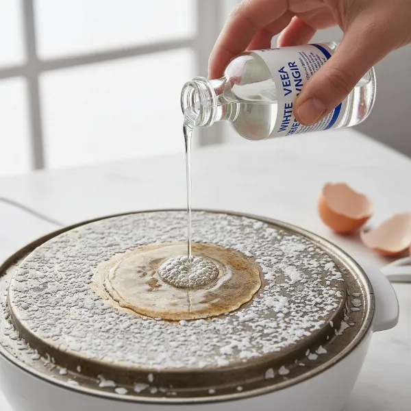 Hand pouring white vinegar onto an egg cooker's heating plate with mineral deposits.