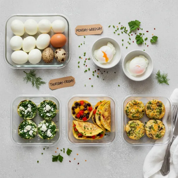 Assortment of prepped egg dishes: hard-boiled eggs, poached eggs, and mini omelets for weekly breakfast.