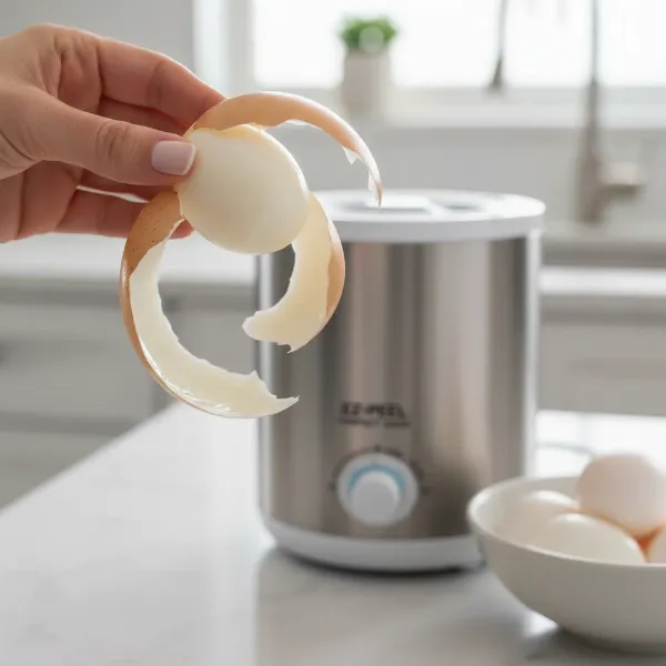Hand peeling a perfectly cooked hard-boiled egg with ease, shell coming off clean.