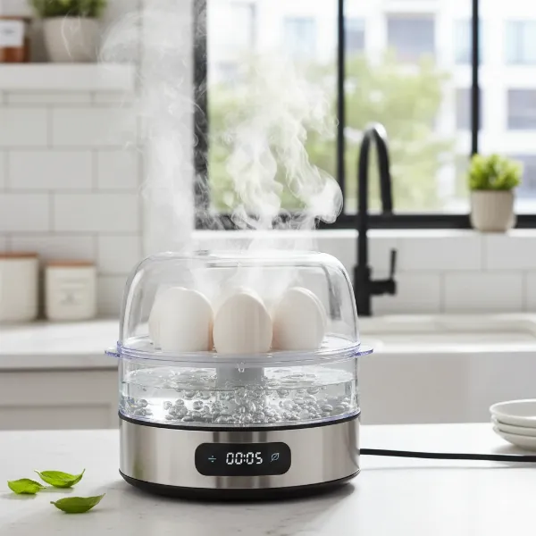 Compact egg cooker appliance steaming eggs, highlighting benefits over stovetop boiling and energy efficiency.