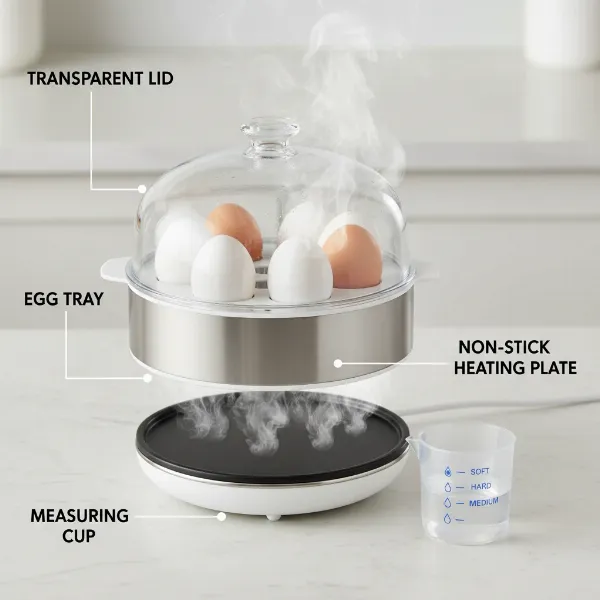 Diagram showing an egg cooker with its heating plate, measuring cup, and lid for steaming eggs.