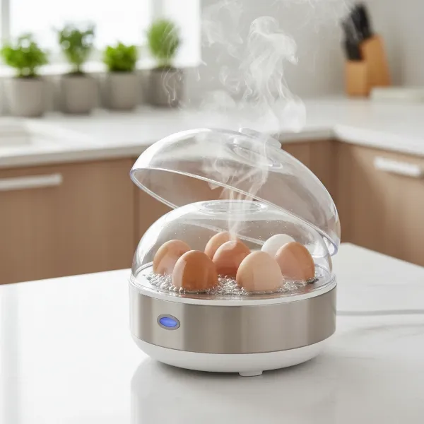 A sleek, modern egg cooker steaming multiple eggs, highlighting easy breakfast meal prep.
