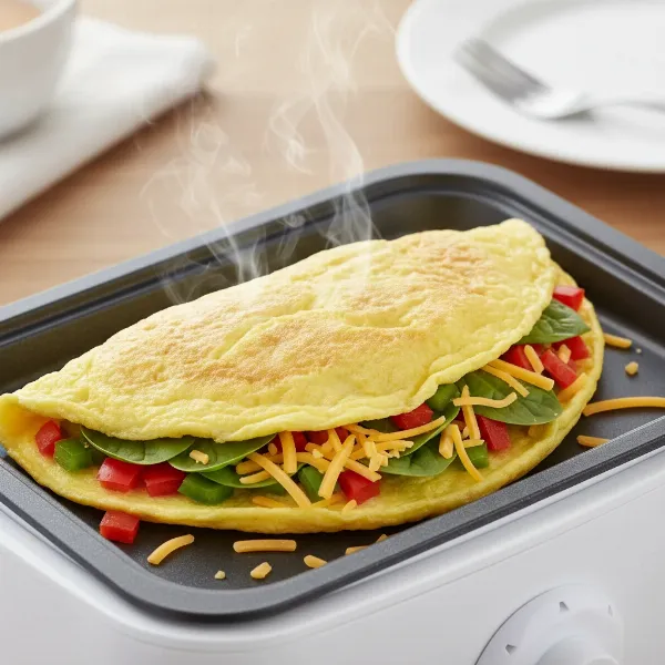 A fluffy omelet with various cooked fillings in an egg cooker omelet tray.