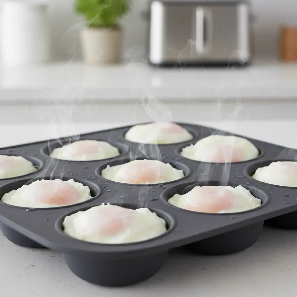 Close-up of an egg cooker poaching tray with several perfectly cooked poached eggs inside.