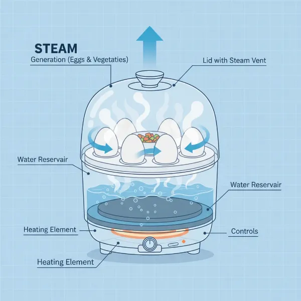 A diagram or cross-section illustrating how an egg cooker generates steam for cooking or sterilization