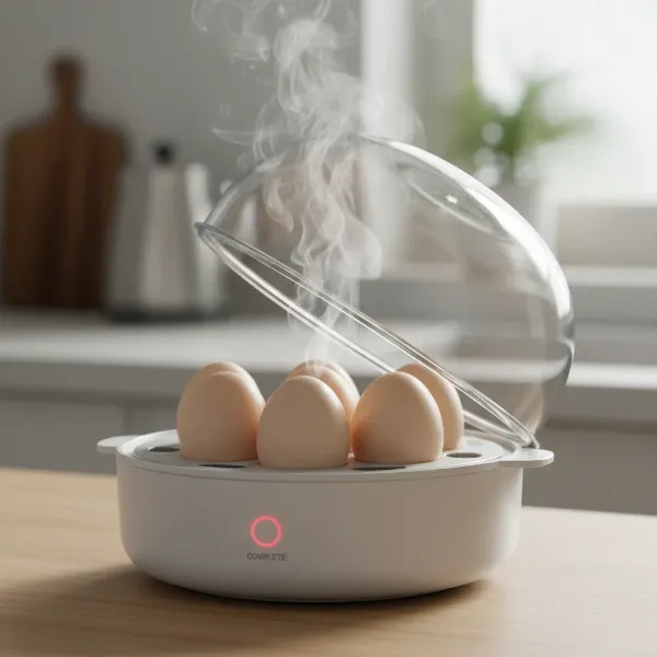 An egg cooker emitting gentle steam, signaling cooked eggs are ready to be removed.