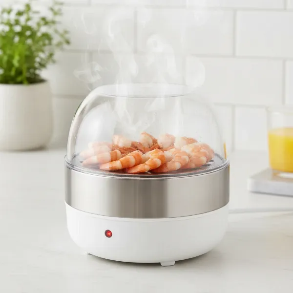 A compact egg cooker steaming succulent shrimp, showcasing its versatile cooking ability.