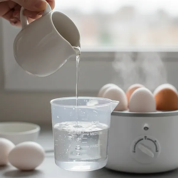 Hand adding extra water to an egg cooker measuring cup for high altitude cooking.