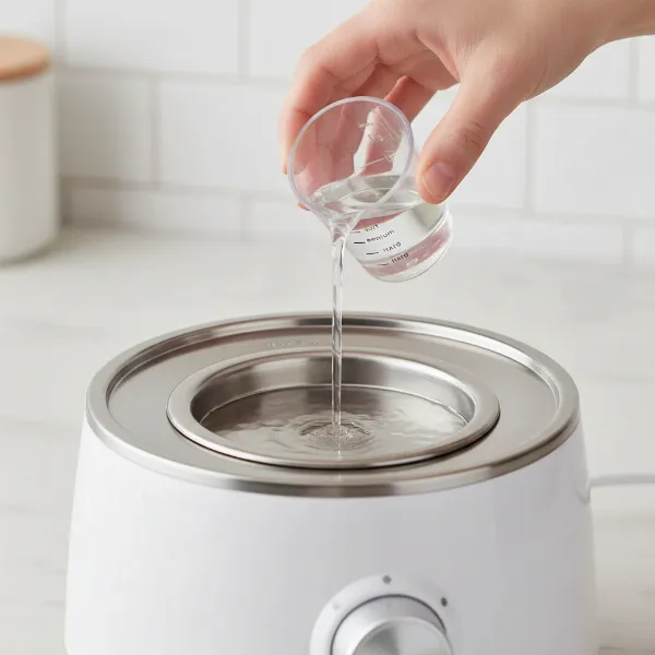 Hand holding measuring cup filling an egg cooker with correct water level.