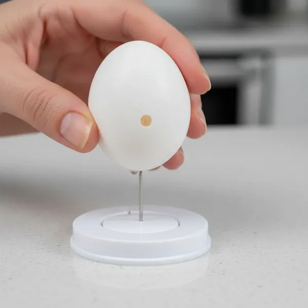 Close-up of an egg piercer in action, demonstrating how it prevents cracks and aids peeling.