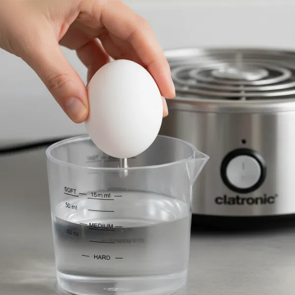 Hand using an egg piercer on a raw egg, next to the Clatronic measuring cup for water.