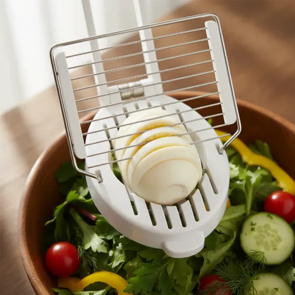 An egg slicer making uniform slices of a hard-boiled egg for a salad or sandwich.