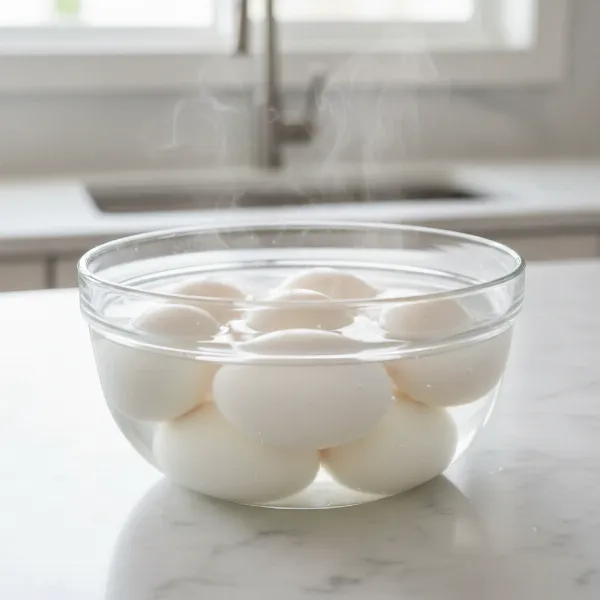 Hard-boiled eggs in an ice bath to stop cooking and aid in easy peeling