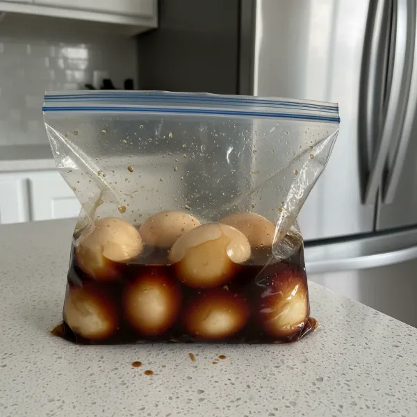 Peeled soft-boiled eggs marinating in a clear plastic bag with a soy-based sauce.