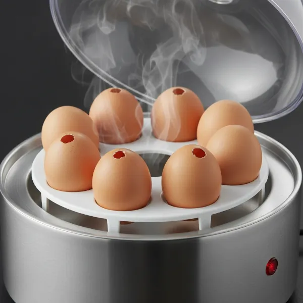 Eggs steaming inside a West Bend Automatic Egg Cooker, showing the auto-cooking process.