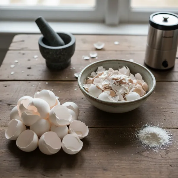 Various stages of eggshell preparation: whole, cleaned, crushed, and finely ground eggshells.