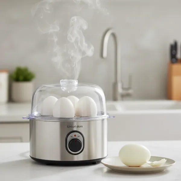Electric egg cooker with perfectly peeled hard-boiled eggs, highlighting effortless preparation for deviled eggs.