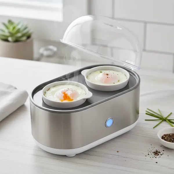 Compact electric egg cooker with clear lid showing perfectly poached eggs in non-stick cups