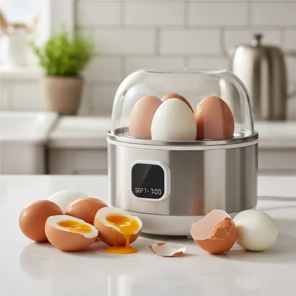 Electronic egg cooker with a few perfectly cooked eggs on a kitchen counter