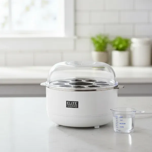Elite Gourmet Easy Egg Cooker with its compact design and simple controls