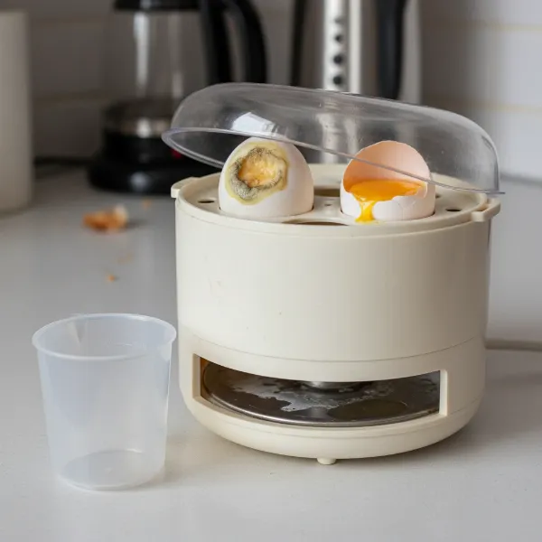 A Esperanza egg boiler showing design flaws, inconsistent cooking, and a difficult-to-read measuring cup.