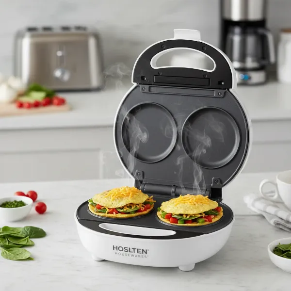 Two fluffy omelets cooking inside the non-stick Holstein Housewares Omelet Maker wells.