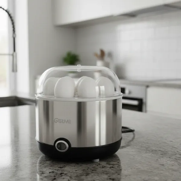 Sleek Girmi CU25 electric egg cooker, stainless steel housing, compact design, anti-slip feet.