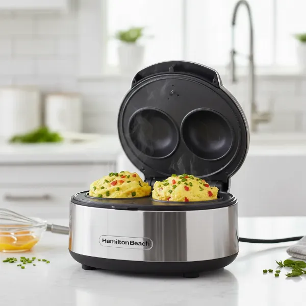 A Hamilton Beach Egg Bites Maker, compact kitchen appliance, with two perfect egg bites.