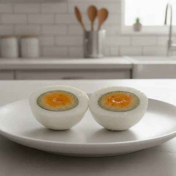 A hard-boiled egg cut in half, showing a distinct greenish-gray ring around the yolk.